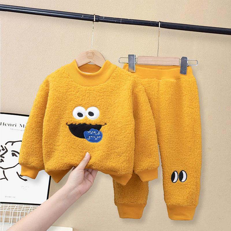 Children's Suit Autumn and Winter Boys and Girls Plus Velvet Suit Casual Two-piece Pure Color Loose Embroidery Sets