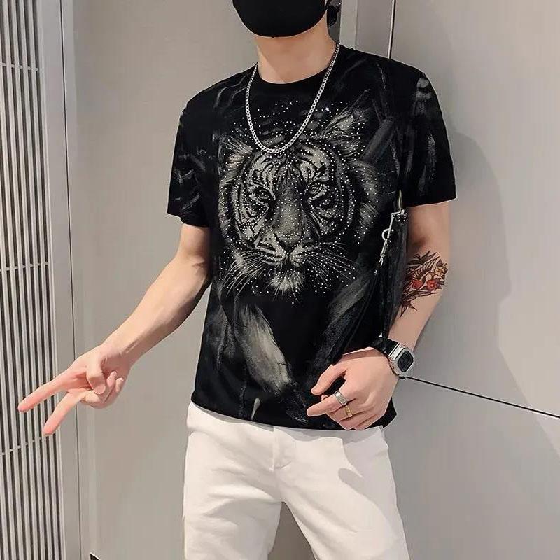 3D Tiger Print T-shirts High Street Diamond Glitter Trendy Personality Tees Summer O-neck Short Sleeve Casual Shirt Soft Tops