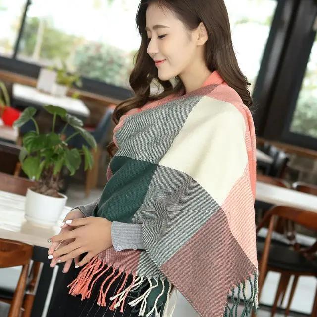 Women's Scarf Winter Thickening and Long Tassel Scarf Korean Color Plaid Knitted Scarf Shawl Dual-use