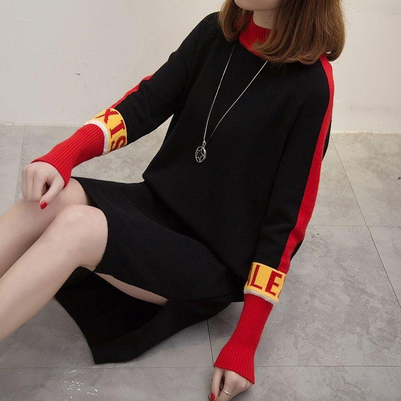 Autumn and Winter Color Matching Plus Size Dress Mid-length Loose Knit Bottoming Shirt Thick Half High Neck Women's Sweater Dress