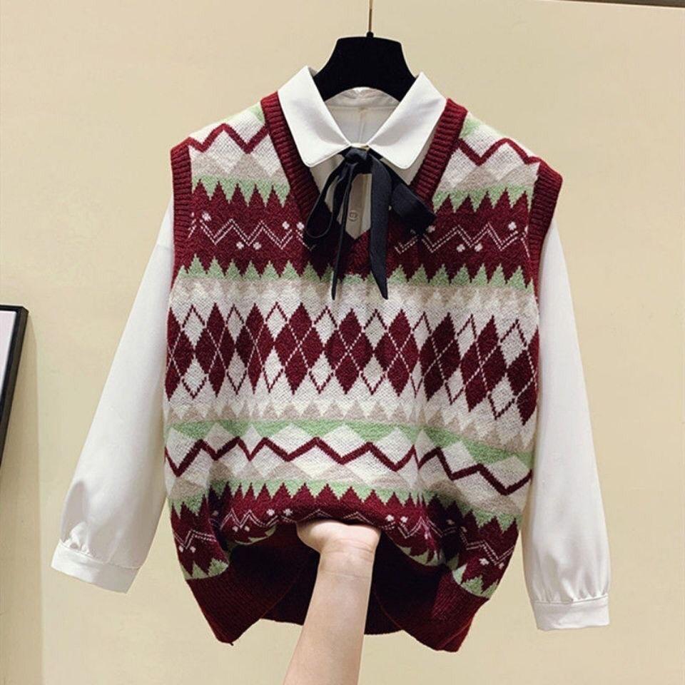 Vintage Printed Sweater Vest Women All-match Short Loose Pullover Vest Outer Wear Sweater Tank Tops