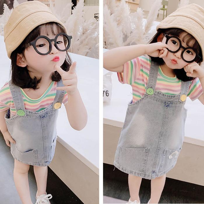 2PCS Children Clothing Set Spring Summer Girls Suits Printing Short Sleeve Stripe Tops + Suspender Skirt Clothing Set