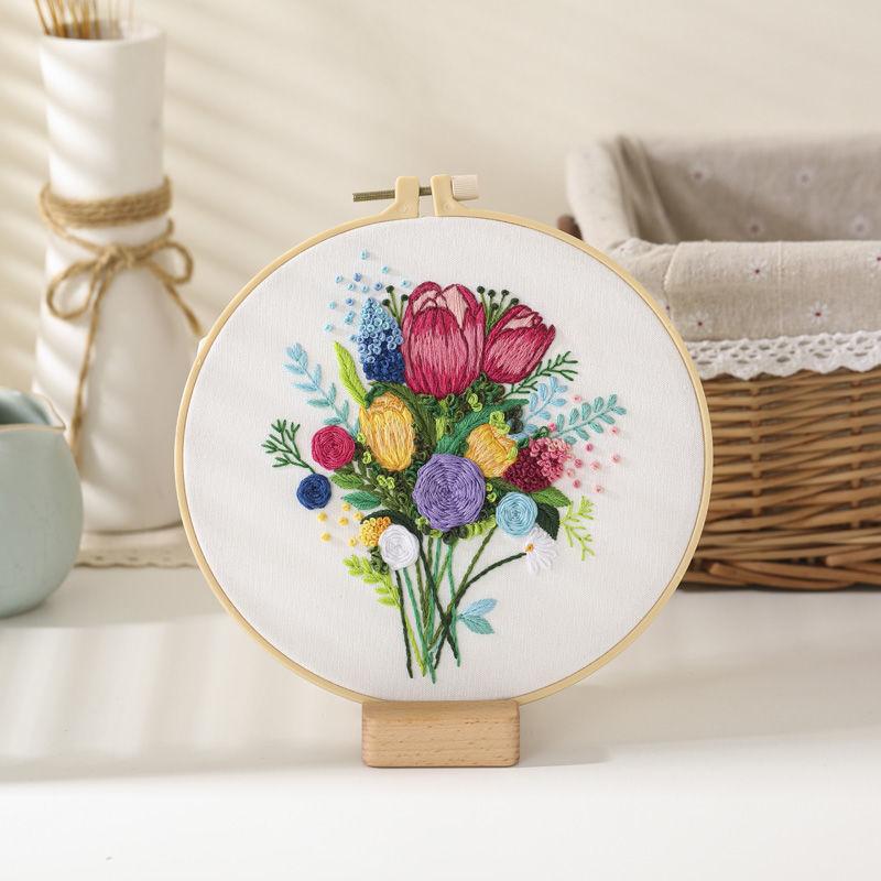 Floral Hand Cross Stitch Embroidery Cloth Starter Kits Needlepoint Color Threads Bamboo Hoop DIY