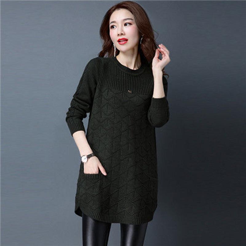 Mid-length Sweater Women Low Round Neck Spring and Autumn Korean Version of The Large Size Pullover Loose Knit Bottoming Shirt Sweater Skirt