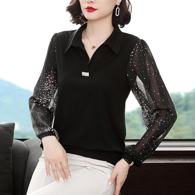 Women Spring Autumn Style Chiffon Blouses TShirts Lady Casual Long Sleeve V-Neck Polka Dot Printed Tops Pullover