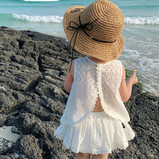 Girls' Suit Summer Thin Korean Version Hollow Out Lace Backless Suit Shirt Shorts Two Piece Set Casual Suit For Kids