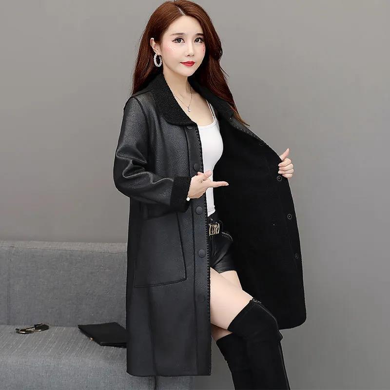 Winter Women's Leather Fashion Fur Coat Lamb Fur Coat Plus Velvet Thickening Medium Long Large Size Leather Coat