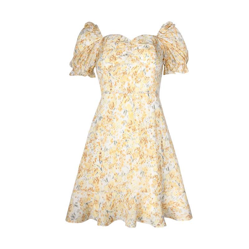 Female Vintage Slim Floral Print Spring Holiday Dress Bubble Sleeve High Waist A-line Elegant Dress