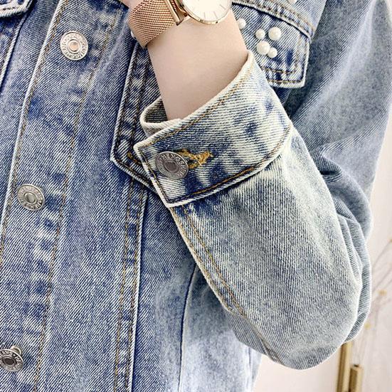 Women's Autumn Large Size Denim Jacket Full Sleeve Loose Button Pearls Short Lapel Casual Denim Coat