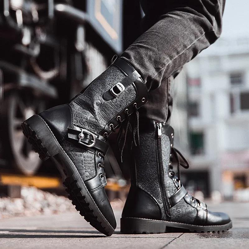 Men's Casual British Tooling Leather Boots Outdoor All-match High-top Cowboy Boots Black Handsome Motorcycle Boots