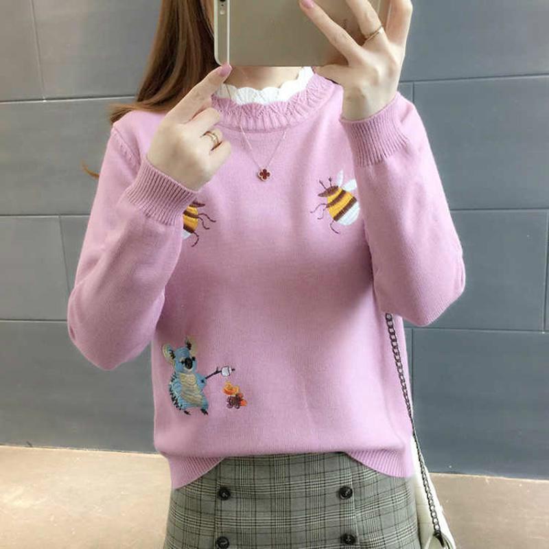 Women's Round Neck Short Sweater Solid Color High Collar Print Sweater Spring and Autumn Sweater