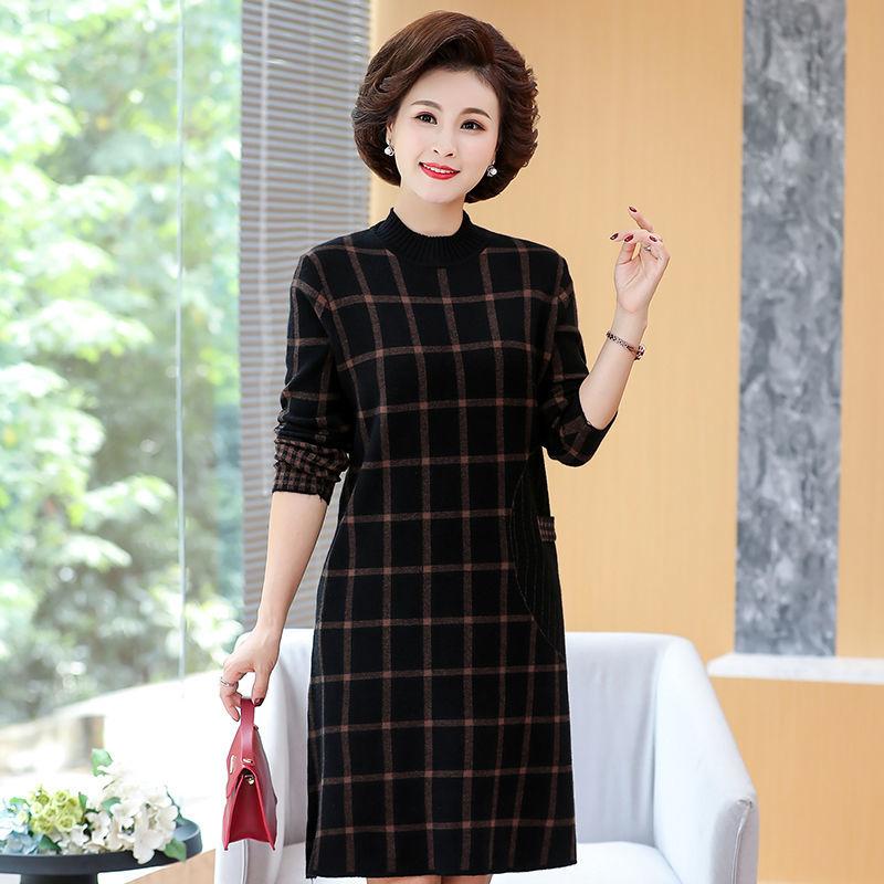 Autumn and Winter Half High Neck Knitted Dress Mid-length Casual Slimming Bottoming Skirt Checkered Pattern Middle-aged Women Sweater Dress