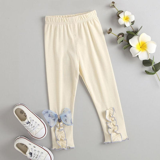 Girls' Leggings Children's Spring and Autumn Thin Bow Korean Cropped Trousers Stretch Pants Baby Outer Wear and Inner Wear