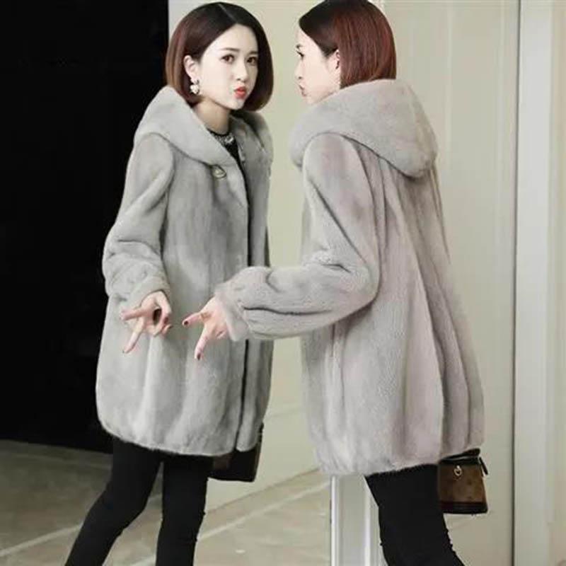 WTEMPO Winter Models of Imitation Mink Fur Coat Loose Mink Fur Coat Women's Hooded Mid-length Thickening