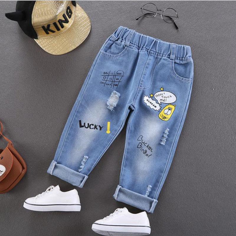 Spring and Autumn Boy and Girl Jeans Pants Children's Wear Korean Casual Pants Printing Baby Jeans Thin Ripped Jeans