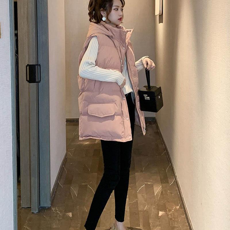 Hooded Down Cotton Vest Women Autumn and Winter Vest Loose Large Size Mid-length Thick Waistcoat Waistcoat