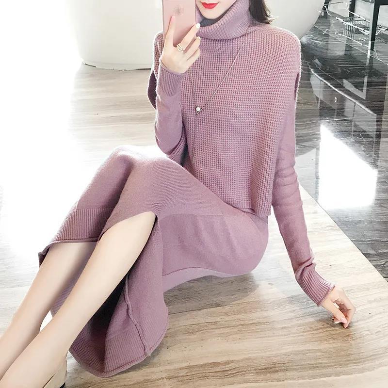 Autumn and Winter Women's Temperament Two-piece Knitted Suit Long-sleeved All-match Base Sweater Dress Elegant Warm Suit