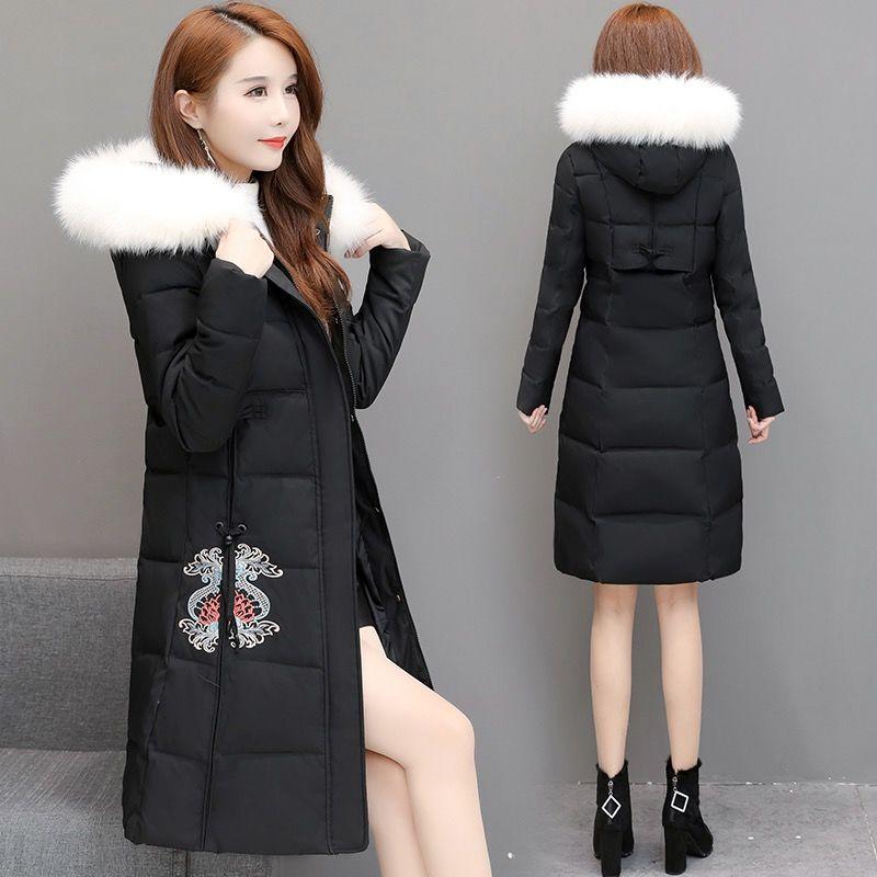 Winter Chinese Style Embroidered Down Women's Mid-length Temperament Is Thin and Slim, Large Fur Collar Hooded Padded Jacket