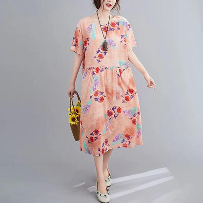 Summer Short-sleeved Dress Round Neck Print Loose and Thin Mid-length A-line Dress