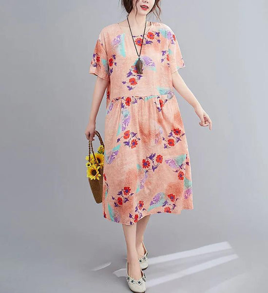 Summer Short-sleeved Dress Round Neck Print Loose and Thin Mid-length A-line Dress