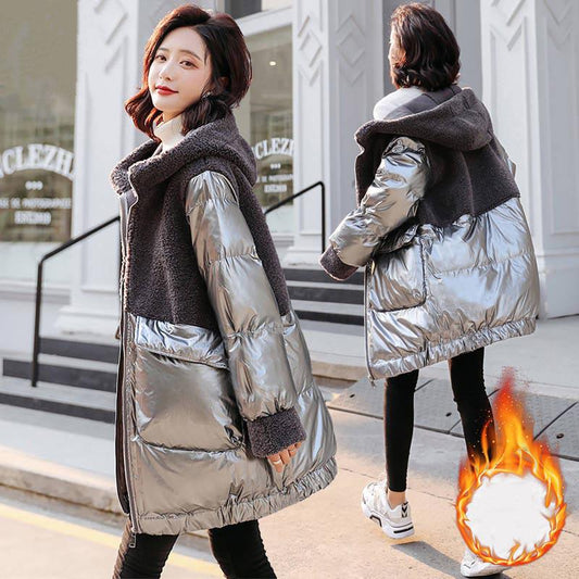 Autumn Winter Mid-length Down Jacket and Stitching Lamb Cotton Coat Women