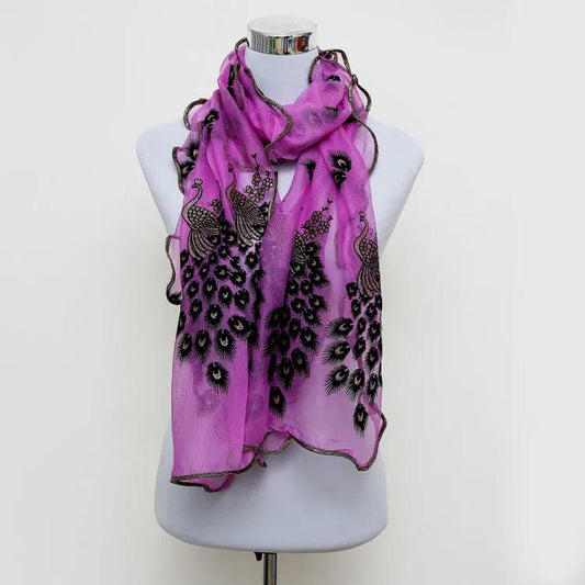 Women's Peacock Embroidery Scarf Bronzing Peacock Silk Scarf Lace Gauze Edging Solid All Match Neck Collar Scarves High Quality Neckerchief Shawls