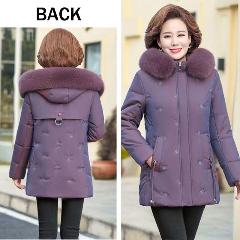 Winter Down Cotton Jacket Fashion Fur Collar Hooded Mid-length Jacket Thick Warm Cotton Jacket Suitable for Middle-aged Women