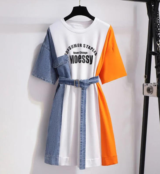 Denim Stitching T-shirt Dress Female Summer Design Sense Niche Waist Was Thin and Small Dress