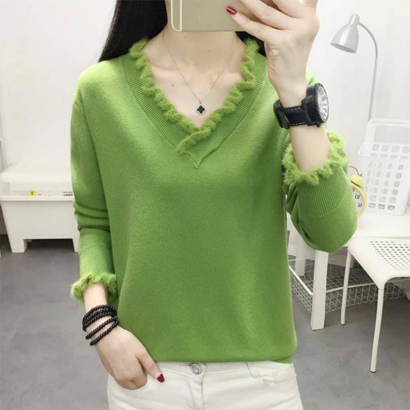 Solid Color Wild V-neck Sweater Knitted Bottoming Long-sleeved Loose Pullover Sweater