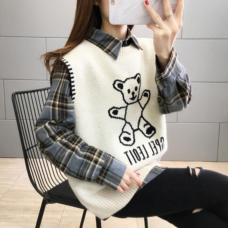 Bear Knitted Vest Jacket Women Autumn and Winter Loose Sweater Vest Shirt Suit Long-sleeved POLO Collar To Keep Warm and Comfortable