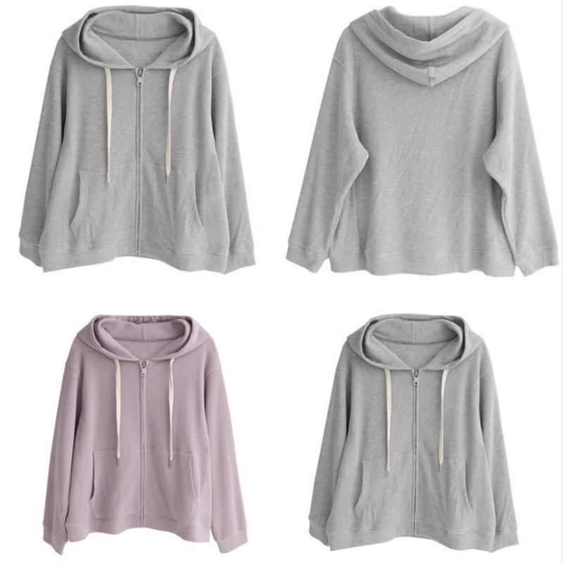 Schoolgirls Thin Long Sleeve Hooded Sweater Cardigan Jacket Waffle Sweater Ladies Zipper Jacket Top Casual Loose Coat