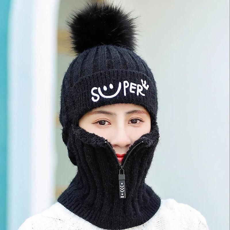 Winter Knitted Hat and Bib One-piece Korean Version Plus Velvet One-piece Woolen Hat Riding Windproof Ear Protection Warm Hat