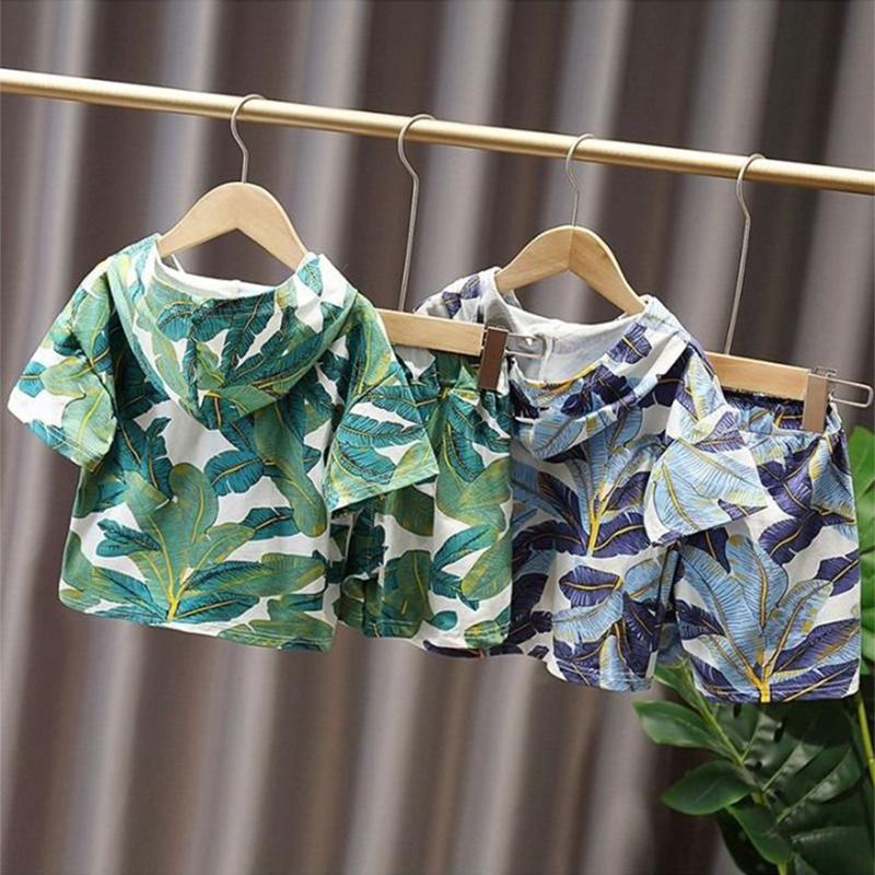 Children's Suit Summer Thin Korean Style Loose Print Leaf Girls and Boys Suspender Shorts Ventilation Two Piece Set