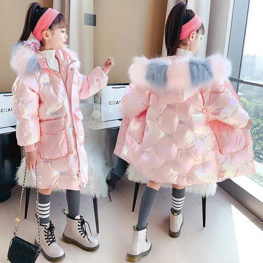 Girls' Warm Cotton Clothes Korean Style Plus Velvet Padded Coat Shiny Windproof Winter Jacket Children's Mid-length Quilted Jacket