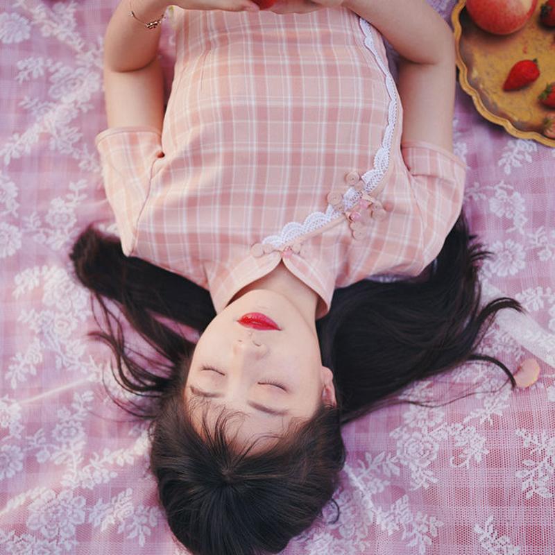 Pink Cheongsam Can Be Worn Daily In Summer Young Girl Sweet Plaid Modified Version Dress