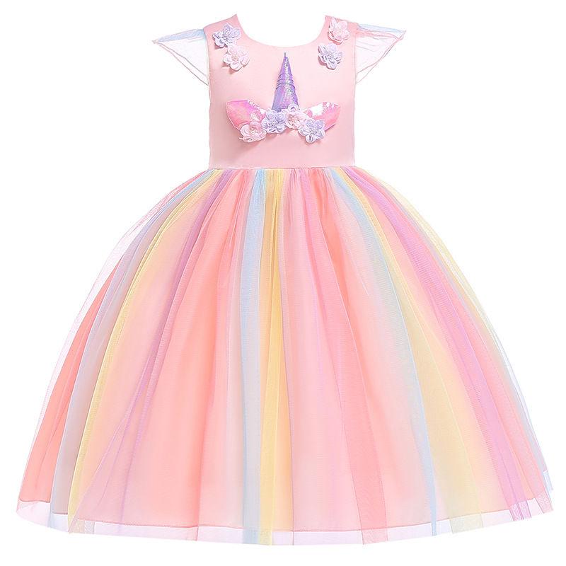 Girls Unicorn Tutu Dress Rainbow Princess Kids Party Dress Children Christmas Halloween Cosplay Costume with Headband Wings