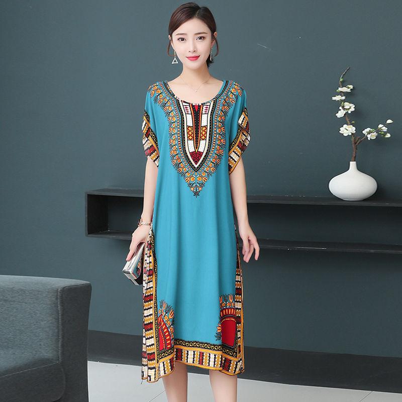 Women Summer Vintage High Waist Short Sleeve Mid-length Dress Elegant Loose Round Collar Print Casual Dress