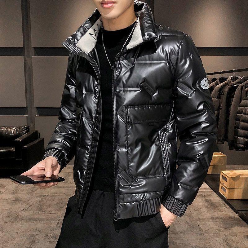 Short White Duck Down Men's Down Jacket Winter Fashion Trend Stand-up Collar Shiny Face Slim Black Jacket