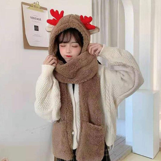 Autumn and Winter Women's Scarf and Hat One-piece Fashion Warm Scarf Korean Fashion All-match Scarf