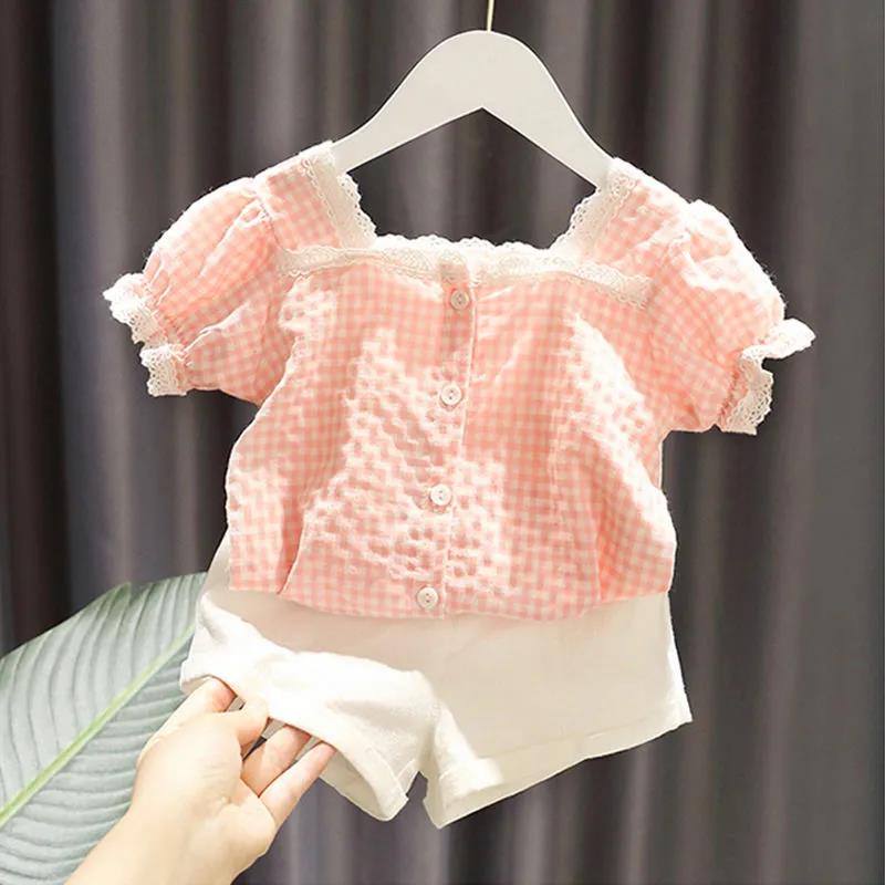 2PCS Children Clothing Set Spring Summer Korean Style Girls Suits Plaid Short Sleeve Tops + Short Clothing Set