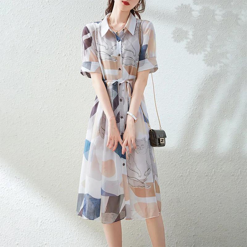 Summer Women's Light and Comfortable All-match Skirt Mid-length Lapel Dress