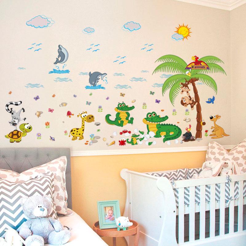 [sticker ]Cartoon Animals Wall Stickers For Kids Rooms Nursery Baby Bedroomwall Decals Crocodile Mo