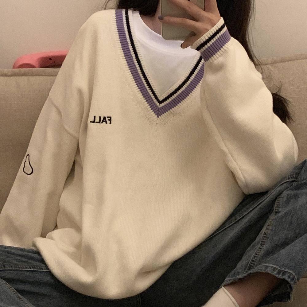 Pofulove Winter College Style V-neck Sweater Bottoming Sweater Female Korean Loose Long-sleeved Coat