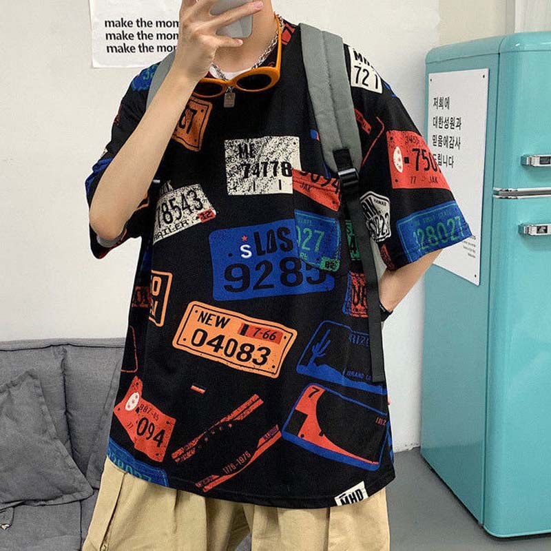 Summer T-shirt Loose Casual Boys Plus Size Short-sleeved Students Japanese Trend Graffiti Half-sleeved Top