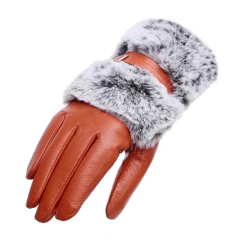 High Quality Ladies Goat Leather Gloves Spring Autumn Driving Mittens Plus Cashmere Warm Cycling Leather Gloves Windproof Thermal Gloves