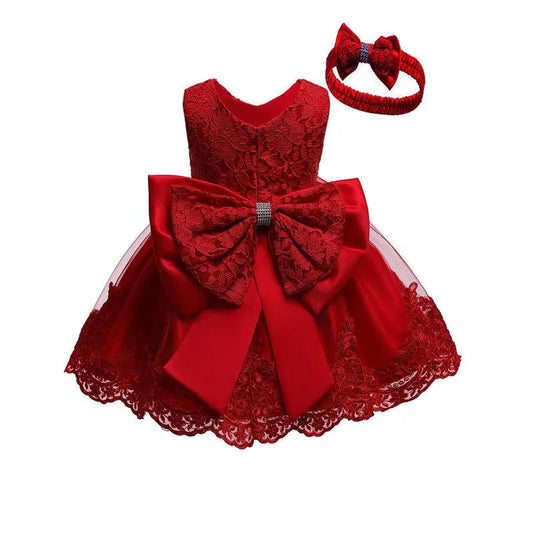 Children Dress Party Female Baby 0-6Years Old Lace Bow Dress Princess Dress and Headband Kid Clothing