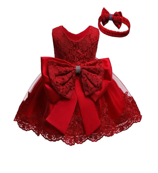 Children Dress Party Female Baby 0-6Years Old Lace Bow Dress Princess Dress and Headband Kid Clothing