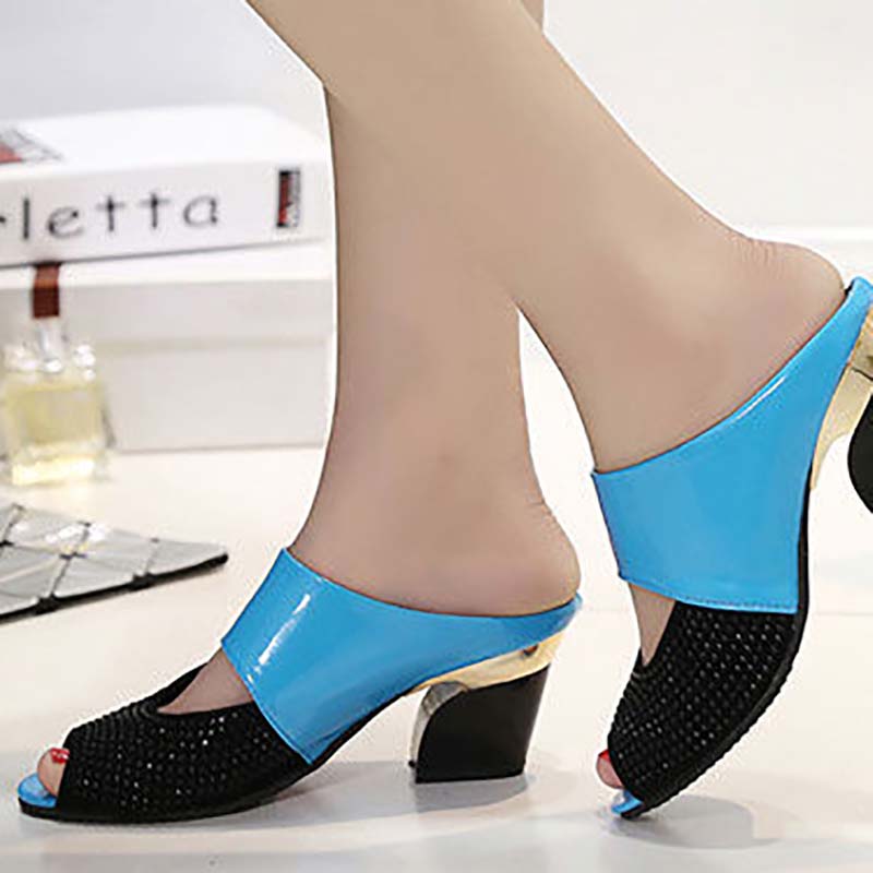 High Heel Slippers Women Summer Mid-heel Fish Mouth Slippers Thick Heel Sandals Patent Leather Rhinestone Women Sandals