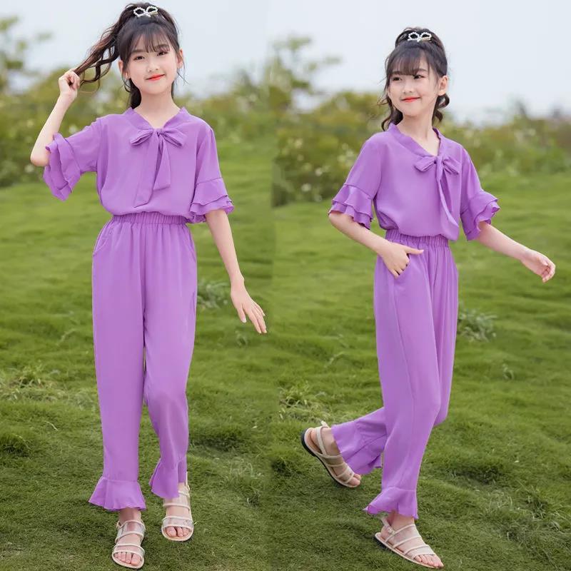 Girls' Set Summer Thin Korean Short Sleeve Pants Two Piece Set Bow Tie Ruffle Loose Suit Casual Wear