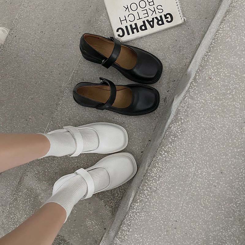 White Square Toe Thick Heel Mary Jane Shoes Female Summer Jk Platform Platform Mid-heel Small Leather Shoes Single Shoes